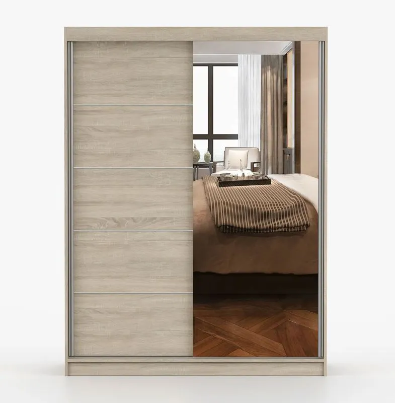 Armadio scorrevole 2 ante con specchio | Rovere Sonoma | 6 scomparti | Maniglie alluminio | 200 x 150 x 61 cm