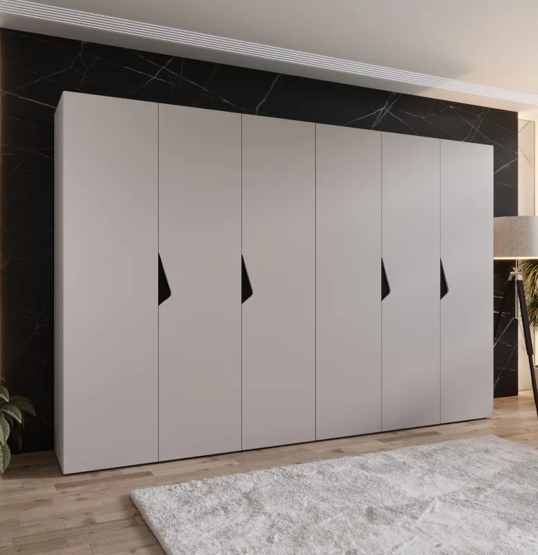 Armadio ad ante battenti "Zainab" 05, color cashmere, maniglie: nero, 6 ante, 4 scomparti, 4 barre appendiabiti, Sistema "Soft-Close", bordi in ABS, 300 x 52 x 202 cm
