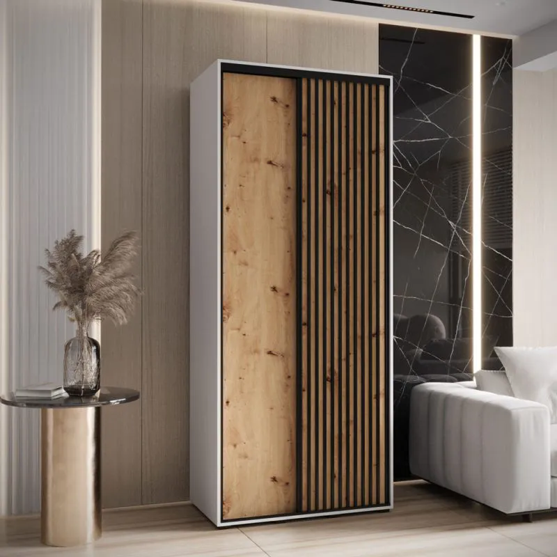 Armadio scorrevole Tharo bianco e quercia | 235,2 x 100 x 45 cm | Maniglie nero | Salvaspazio soggiorno