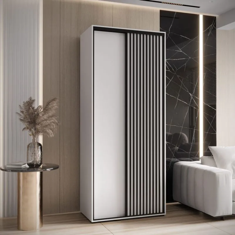 Armadio bianco Mina con ante scorrevoli | Doghe nere | Maniglia acciaio nero | Salvaspazio | 235,2 x 120 x 60 cm