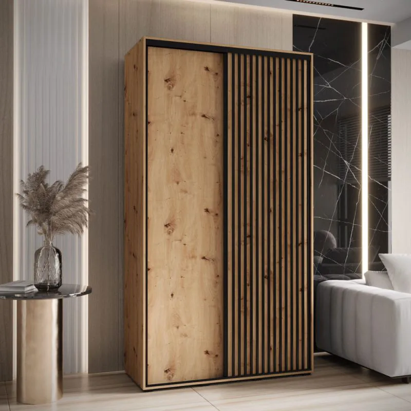 Armadio Mina 1,3 m | Ante scorrevoli salvaspazio | Rovere e dettagli neri | Frontale laminato
