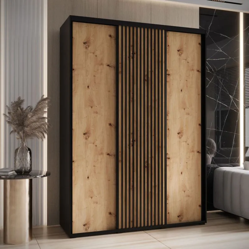 Armadio scorrevole Tharo nero e rovere | Per soggiorno o camera | 235,2 x 170 x 45 cm | Maniglie metallo | Robusto