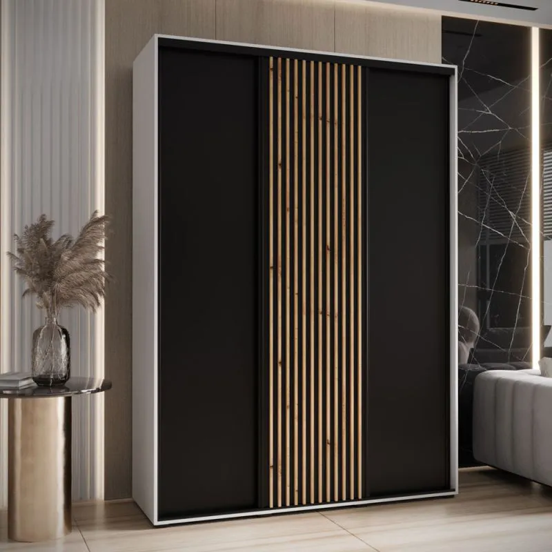 Armadio scorrevole Tharo bianco/nero | 235,2 x 180 x 45 cm | Design moderno | Maniglie in metallo nero | Spazzole antipolvere | Numerosi scomparti