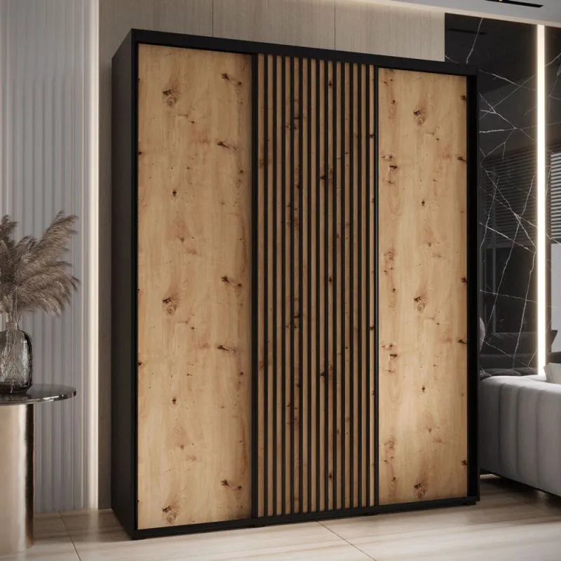 Armadio scorrevole Tharo nero e rovere | Salvaspazio per soggiorno o camera | 235,2 x 190 x 45 cm | Maniglie metallo nero