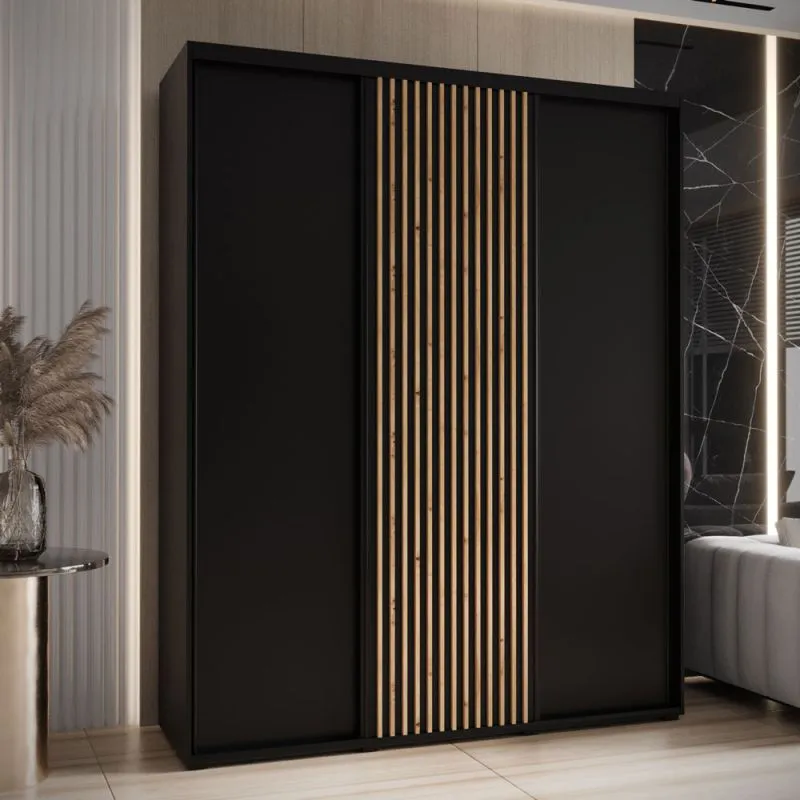 Armadio nero Tharo ante scorrevoli | Design moderno | Maniglie metallo nero | Spazzole antipolvere | 235,2 x 190 x 45 cm | Salvaspazio