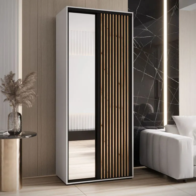 Armadio Mina con ante scorrevoli a specchio | Bianco/Nero elegante | 235,2 x 110 x 60 cm | Ampio spazio | Ideale per soggiorno