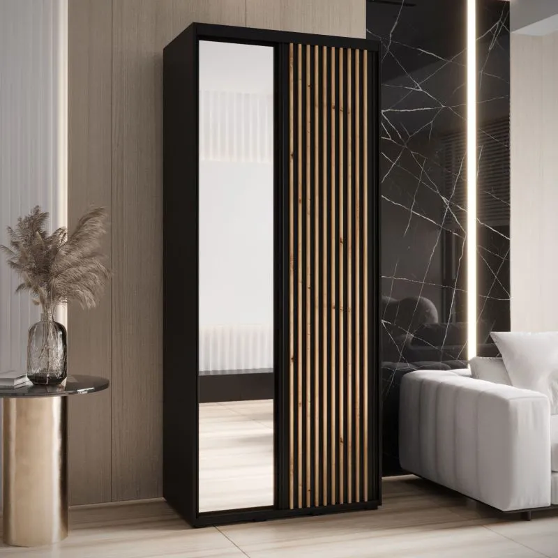 Armadio nero Mina con ante scorrevoli | Spazzole antipolvere | Ampio spazio | Specchio grande | 235,2 x 110 x 60 cm