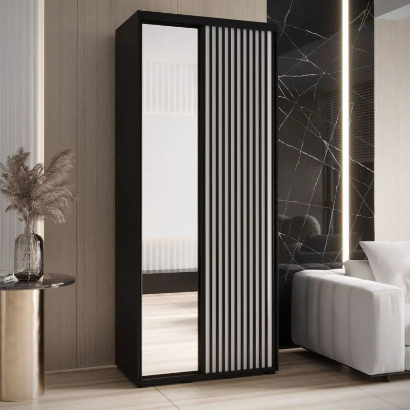 Armadio Mina ante scorrevoli con specchio | Bianco/Nero | Design moderno | Spazioso | 235,2 x 120 x 60 cm