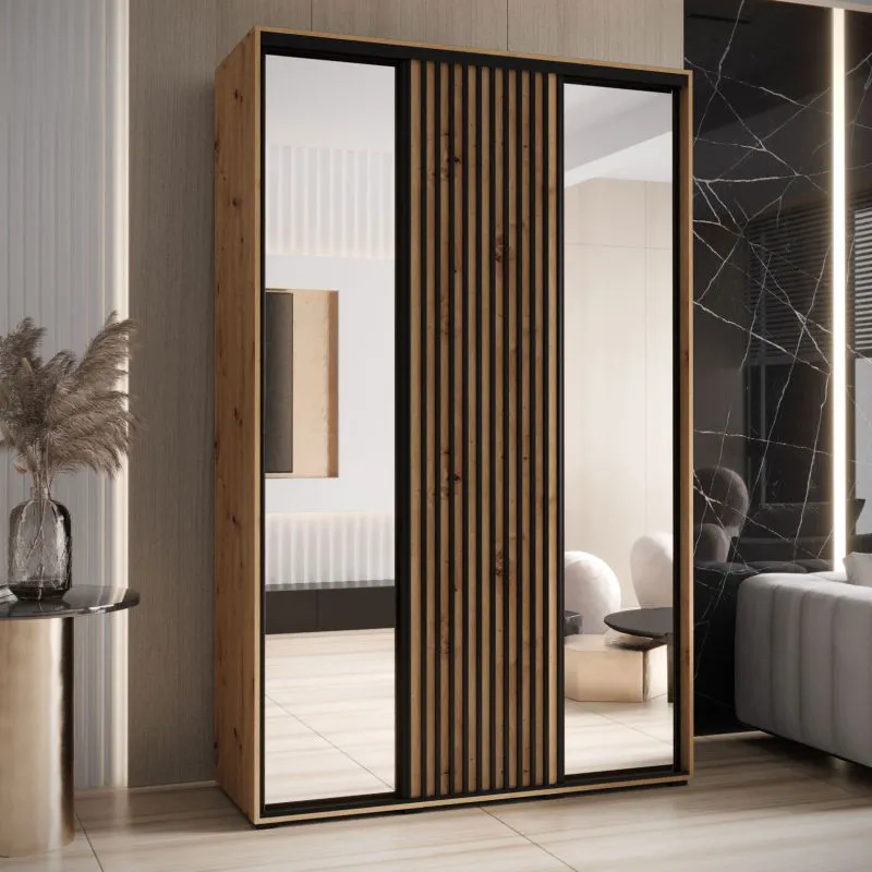 Armadio Mina rovere | Ante scorrevoli con specchio | Ampio spazio | Design moderno | 235,2 x 150 x 60 cm