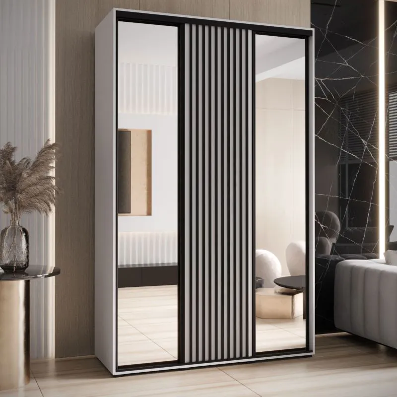 Armadio Mina bianco con ante scorrevoli e specchi | Maniglie nere in metallo | Salvaspazio | 235,2 x 160 x 60 cm | Ampio spazio interno