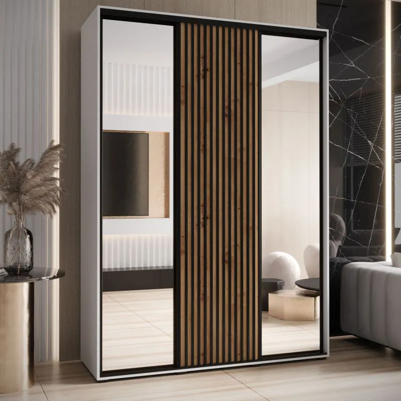 Armadio Mina con ante scorrevoli e specchio | Bianco e quercia | Spazzole antipolvere | 235,2 x 180 x 60 cm | Ampia capacità