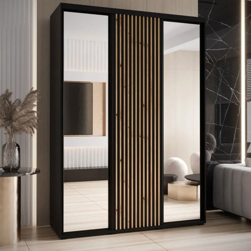 Armadio nero Mina con ante scorrevoli e specchi | Design moderno | Maniglie in metallo nero | Spazzole antipolvere incluse | 235,2 x 180 x 60 cm