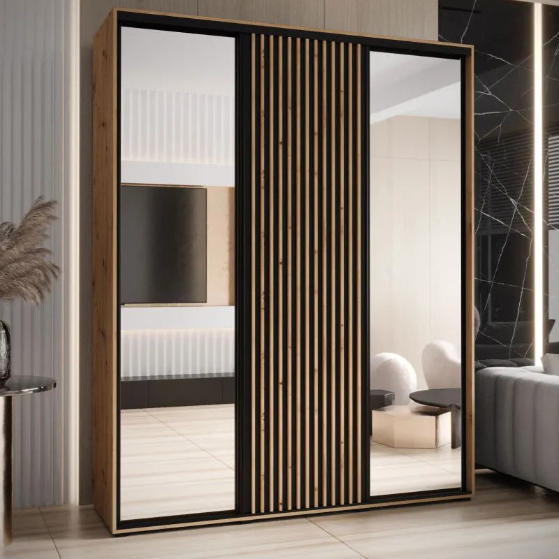 Armadio Mina scorrevole con specchi | Rovere e nero | Ampio spazio | Perfetto per soggiorno | 235,2 x 190 x 60 cm
