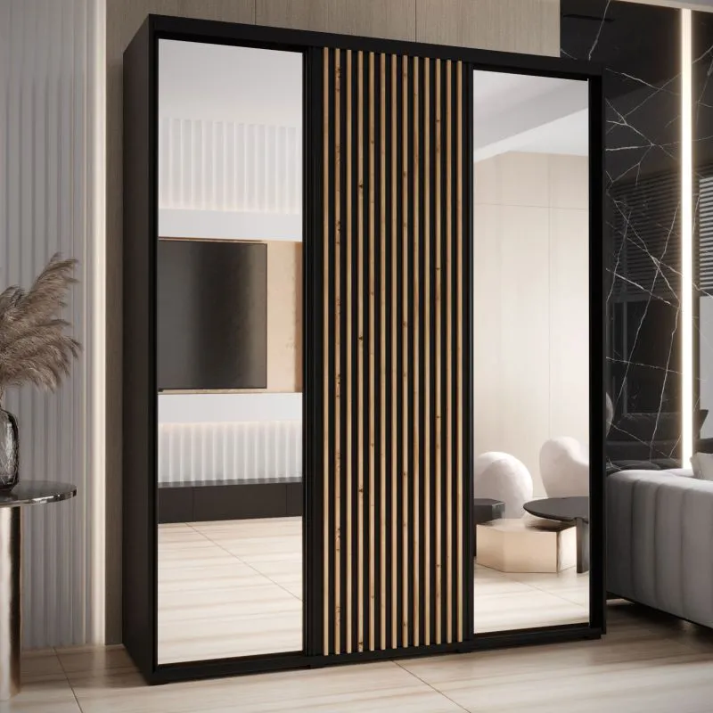 Armadio nero Mina con specchi | Maniglie in metallo nero | Salvaspazio | 235,2 x 190 x 60 cm