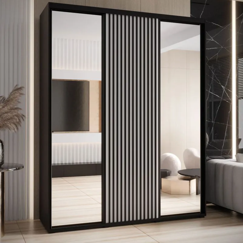 Armadio Mina ante scorrevoli specchio | Bianco/Nero | Look moderno | Spazio ampio | 235,2 x 200 x 60 cm