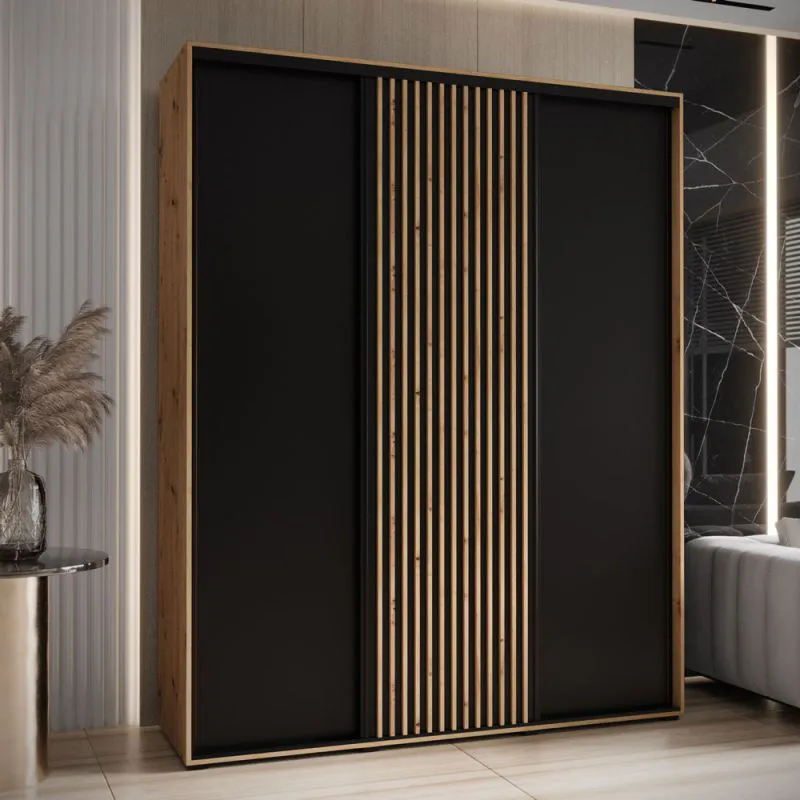 Armadio salvaspazio Mina rovere/nero | Ante scorrevoli | Ampio spazio | Pannelli laminati | 235,2 x 200 x 60 cm