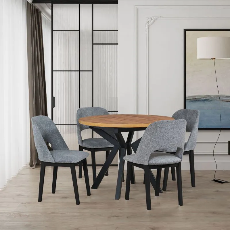 Set sala da pranzo 5 pezzi | Tavolo rotondo nero/rovere, gambe metallo | 4 poltrone imbottite grigio