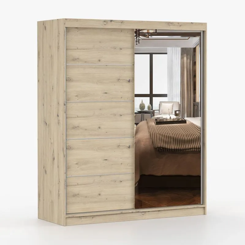 Guardaroba scorrevole Galtee 10 | Rovere Artisan | 2 ante con specchio | 6 scomparti | 195 x 160 x 61 cm