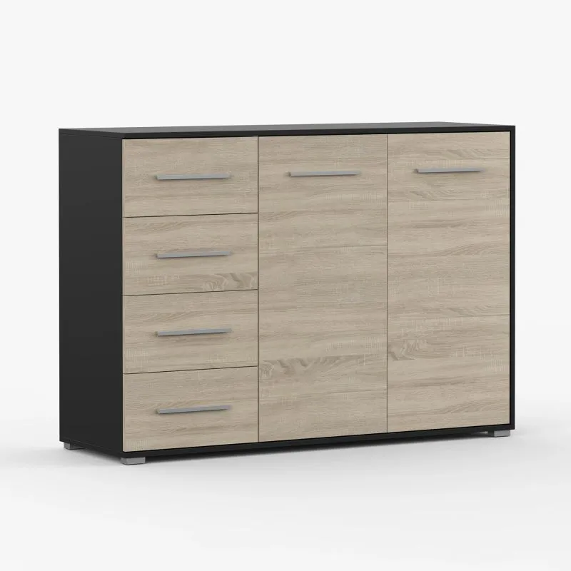 Cassettiera "Comarca" 29 | rovere Sonoma e nero | 2 ante, 3 scomparti, 4 cassetti | 96 x 135 x 45 cm