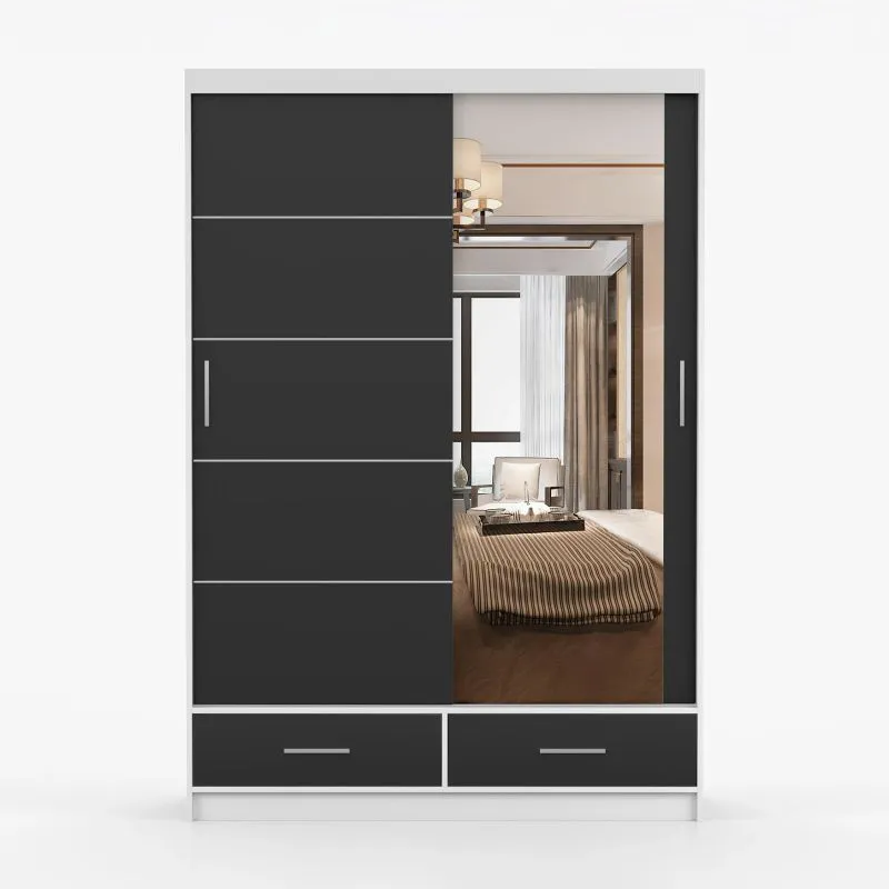 Armadio scorrevole "Lusatian" 11 | Bianco/Nero | 2 ante con specchio | 6 scomparti | 2 cassetti | 218 x 150 x 61 cm