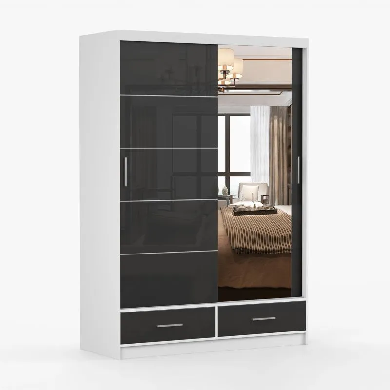 Armadio scorrevole con specchio Lusatian 03 | Bianco/Nero | 2 ante | 6 scomparti | 2 cassetti | 218 x 150 x 61 cm