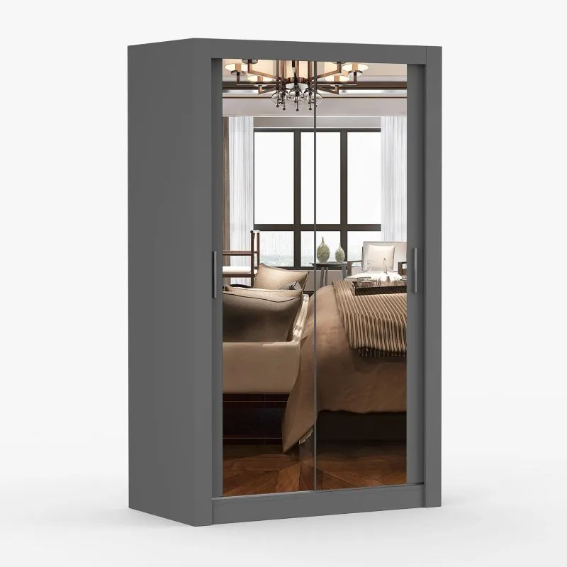 Armadio scorrevole "Biokovo" 07 | Grigio con specchio | 2 ante | 7 scomparti | 215 x 120 x 64 cm