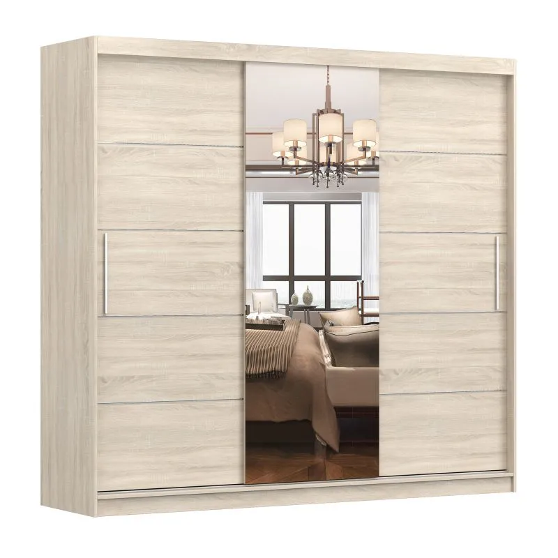 Armadio scorrevole Gorski 72 | Rovere Sonoma con specchio centrale | 3 ante | 12 scomparti | 218 x 233 x 61 cm