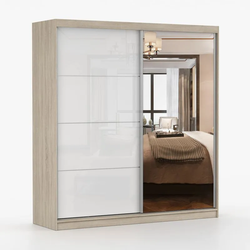 Armadio scorrevole Gorski 56 | Bianco lucido/Rovere Sonoma | 2 ante con specchio | 12 scomparti | 218 x 233 x 61 cm