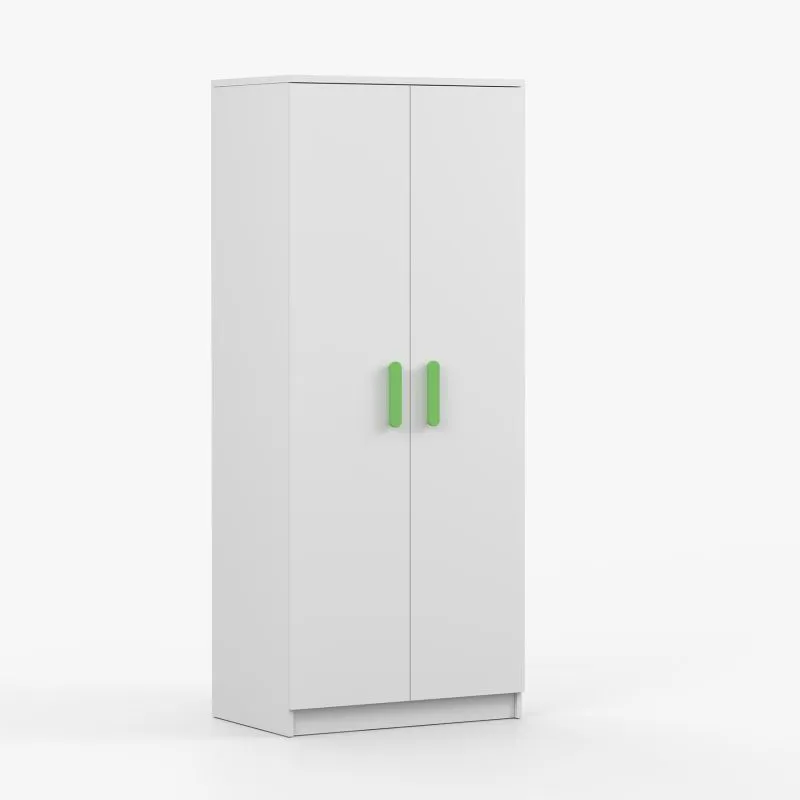 Armadio battente Smolikas 68 | Bianco, 2 ante, 5 scomparti, barra appendiabiti | Maniglie verde | 192 x 80 x 50 cm