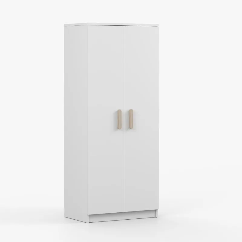 Armadio battente Smolikas 71 bianco | 2 ante, 5 scomparti, barra appendiabiti | Maniglie legno marrone | 192 x 80 x 50 cm