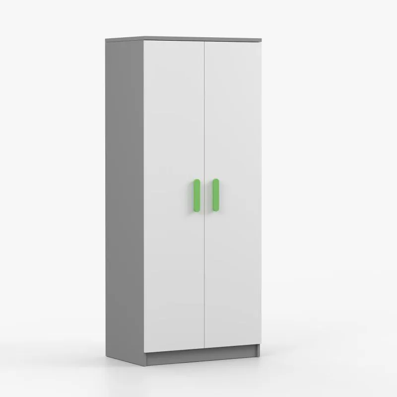 Armadio guardaroba Smolikas 60 | 2 ante battenti | 5 scomparti | barra appendiabiti | bianco/grigio | maniglie verdi | 192 x 80 x 50 cm
