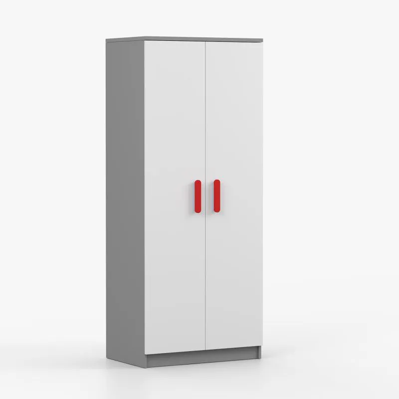 Armadio battente Smolikas 61 | Bianco/Grigio | 2 ante, 5 scomparti, maniglie rosse | 192 x 80 x 50 cm