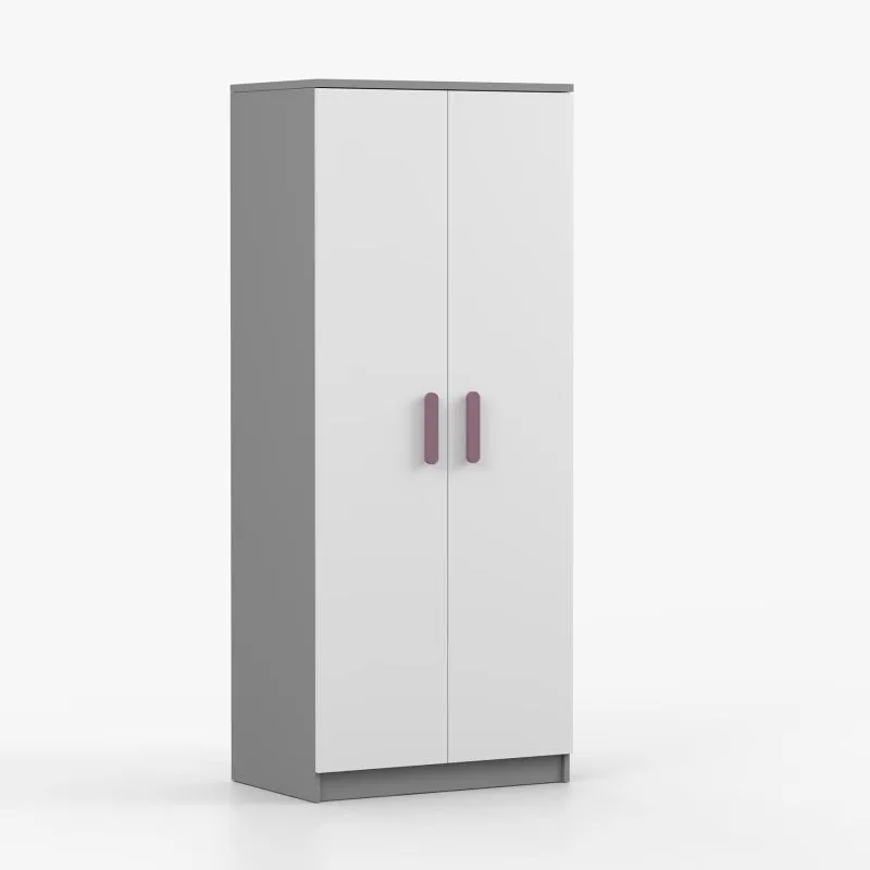 Armadio ante battenti Smolikas 62 | Bianco/grigio | 2 ante | 5 scomparti | Maniglie viola | 192 x 80 x 50 cm