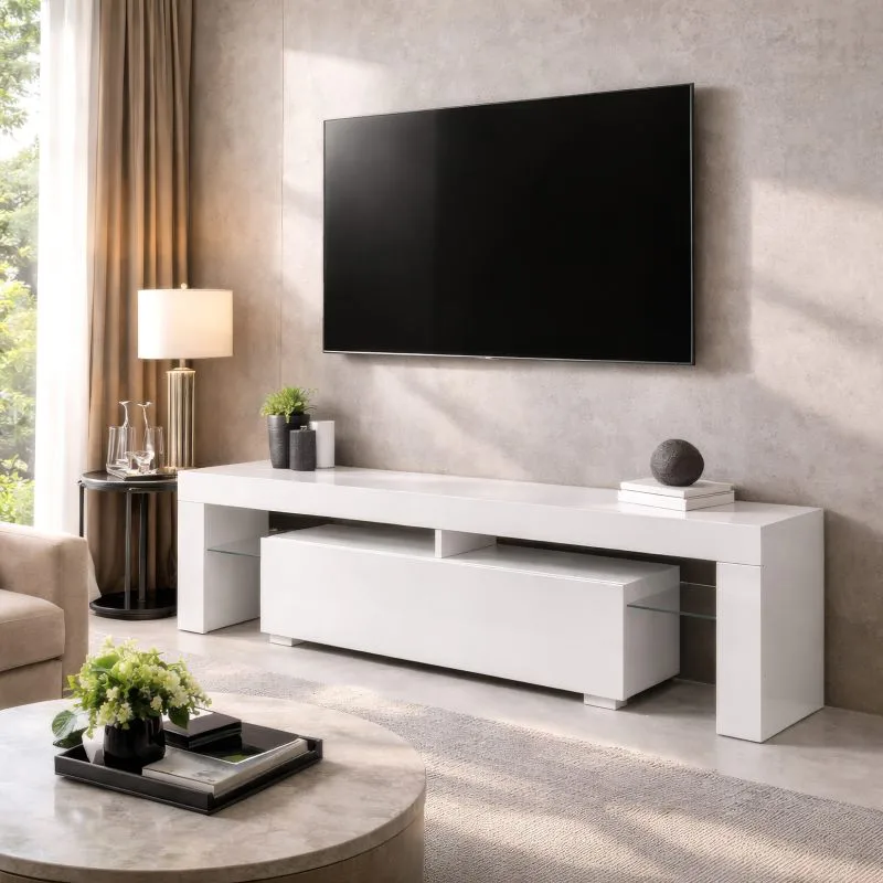 Mobile TV Zolvini | Bianco lucido | 140 x 35 x 47,5 cm | ampio ripiano ribaltabile | Push to Open | Robusto e resistente | completamente laccato