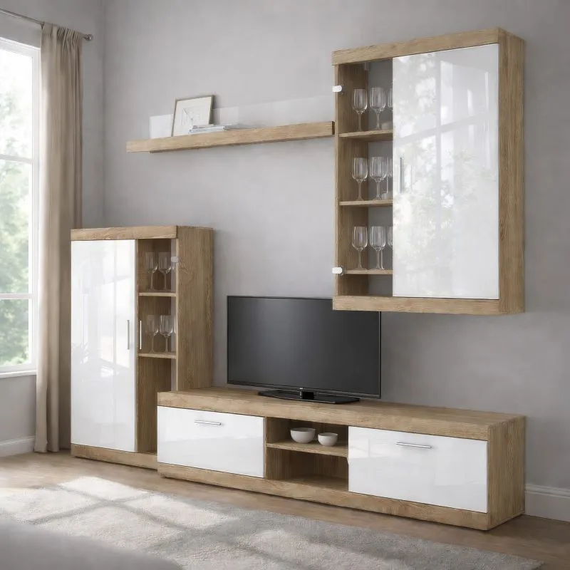 Parete attrezzata "Celesco" 2, 4 pz, rovere Sonoma/bianco lucido, maniglie in metallo, 260 x 42 x 206 cm