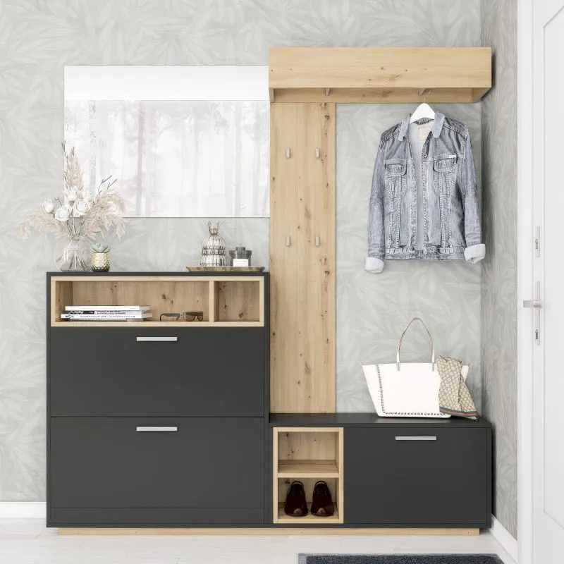 Mobile ingresso - Set "Zonza", color rovere Artisan/antracite, 2 scomparti a ribalta, 6 scomparti, 2 barre appendiabiti, 177 x 32 x 195