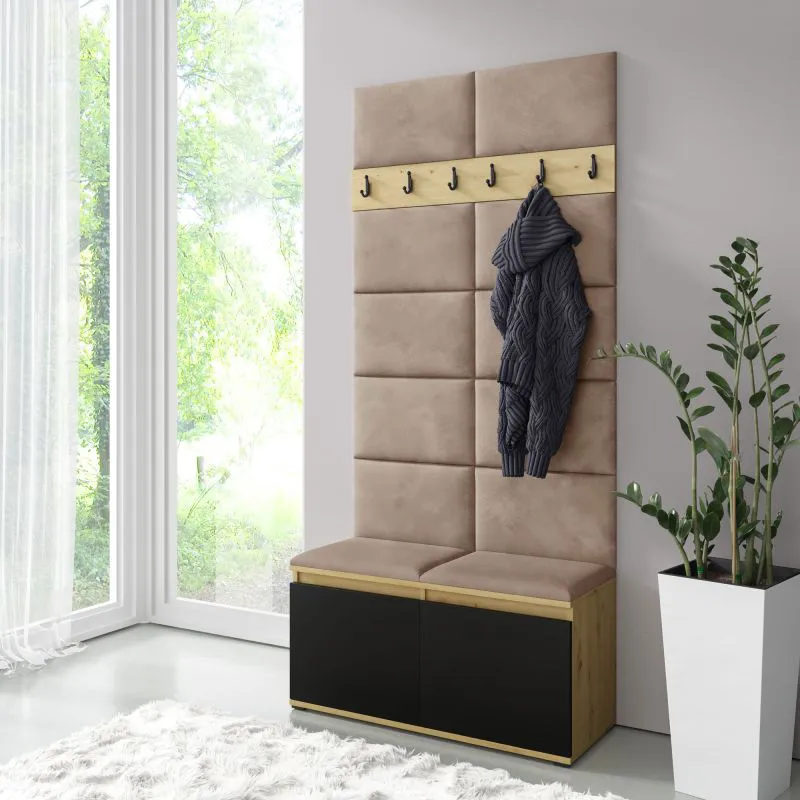 Armadio compatto con panca imbottita | Scarpiera 8 paia | 215 x 100 x 40 cm | Artisan/Nero/Marrone chiaro | 6 appendiabiti | 4 scomparti