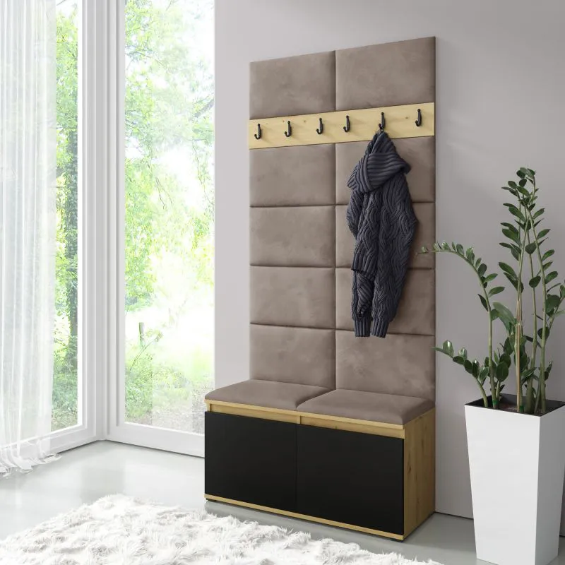 Armadio moderno con panca imbottita 1 metro | Artisan/nero/Mika | 8 paia scarpe | 6 ganci | 4 scomparti | 2 ante a ribalta