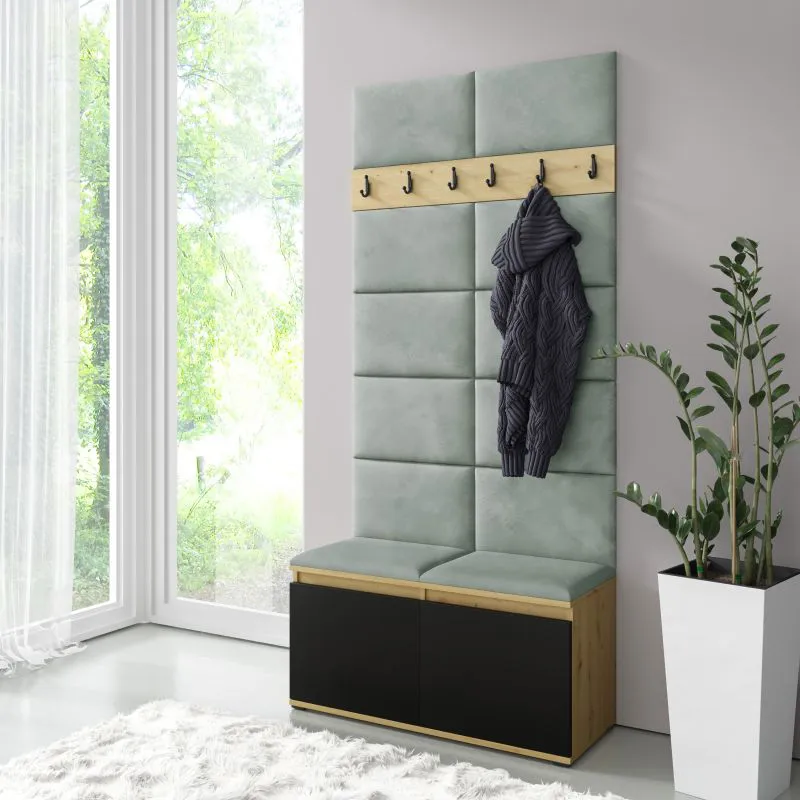 Appendiabiti piccolo 01 con panca imbottita | 215x100x40 cm | 8 paia scarpe | 6 ganci | 4 scomparti | Artisan/nero/menta