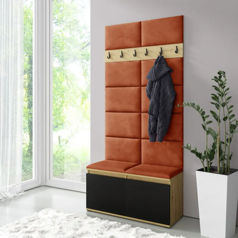 Armadio ingresso con scarpiera 8 paia | 6 ganci cappotti | Panca e parete imbottite | Artisan/nero/ruggine | 215x100x40 cm