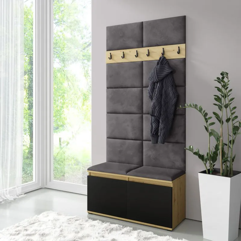 Appendiabiti stretto con panca imbottita | Artisan/nero/elefante | 215 x 100 x 40 cm | 8 paia scarpe | 6 ganci | 4 scomparti