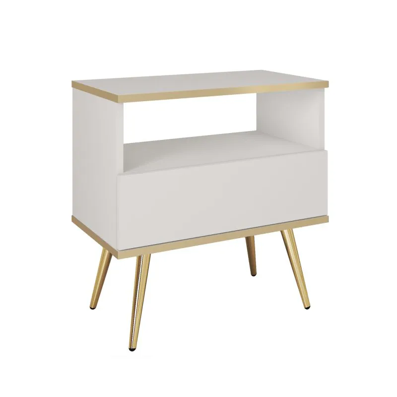 Comodino bianco con cassetto push-to-open Horsham 74 | 59 x 54 x 39 cm | Gambe oro | Vano portaoggetti