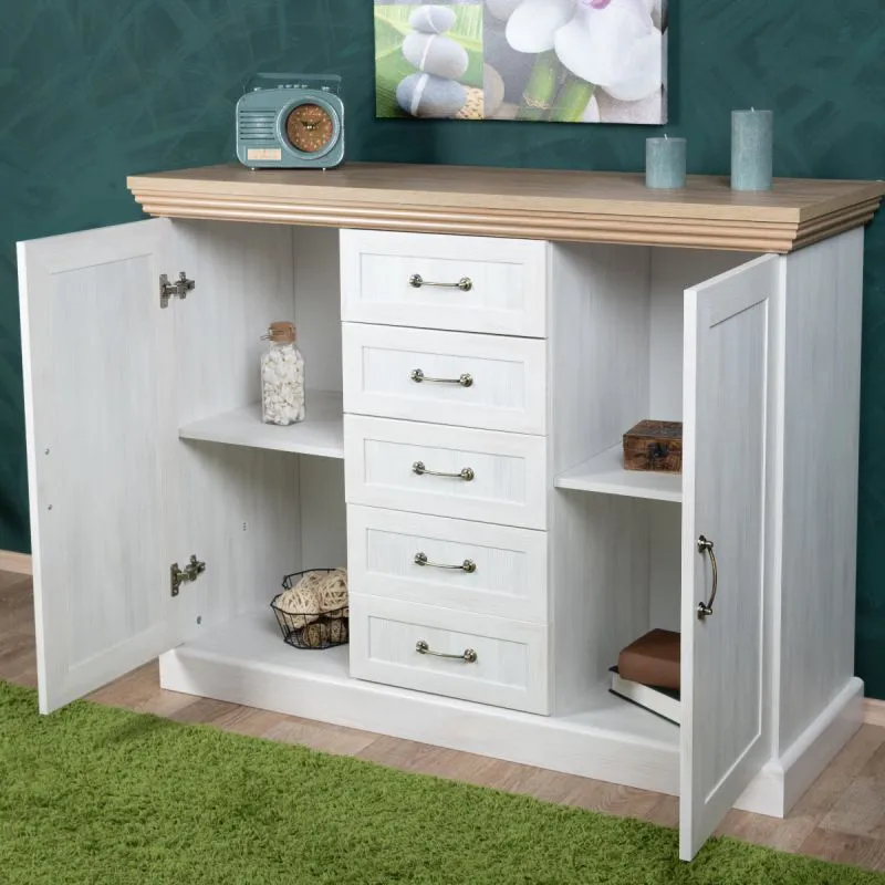 Madia stile country "Badile" 01 | pino bianco e marrone | 98 x 127 x 46 cm | 2 ante, 5 cassetti, 2 ripiani