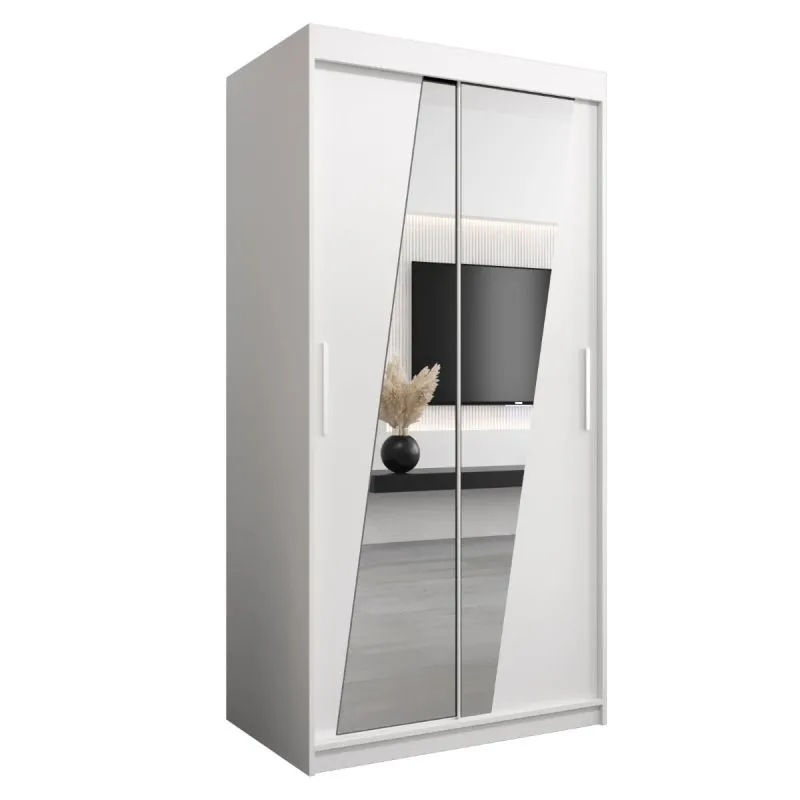 Armadio ad ante scorrevoli "Guajara" 01 con specchio, bianco opaco - 200 x 100 x 62 cm (h x l x p)