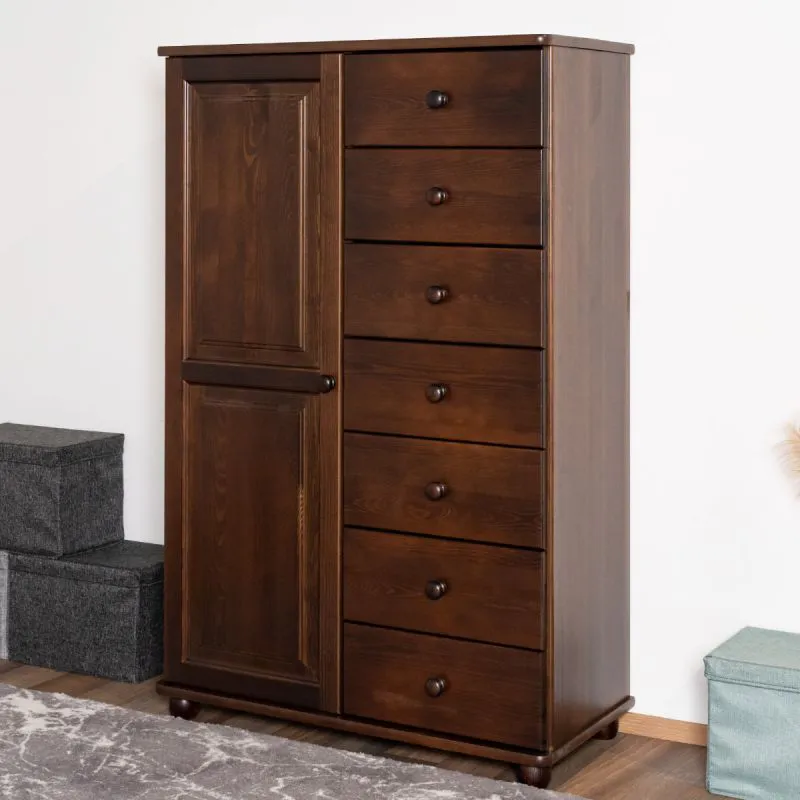 Cassettiera ampia Junco 155 in pino massiccio | 7 cassetti, 4 scomparti | 140 x 90 x 42 cm | Colore noce | Robusta e durevole
