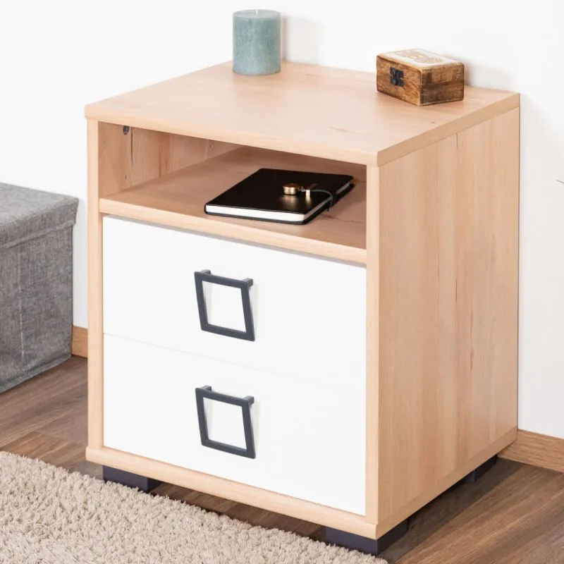 Comodino per cameretta Benjamin 07 | Faggio/Bianco | 50x44x37 cm | 2 cassetti | Piedini regolabili