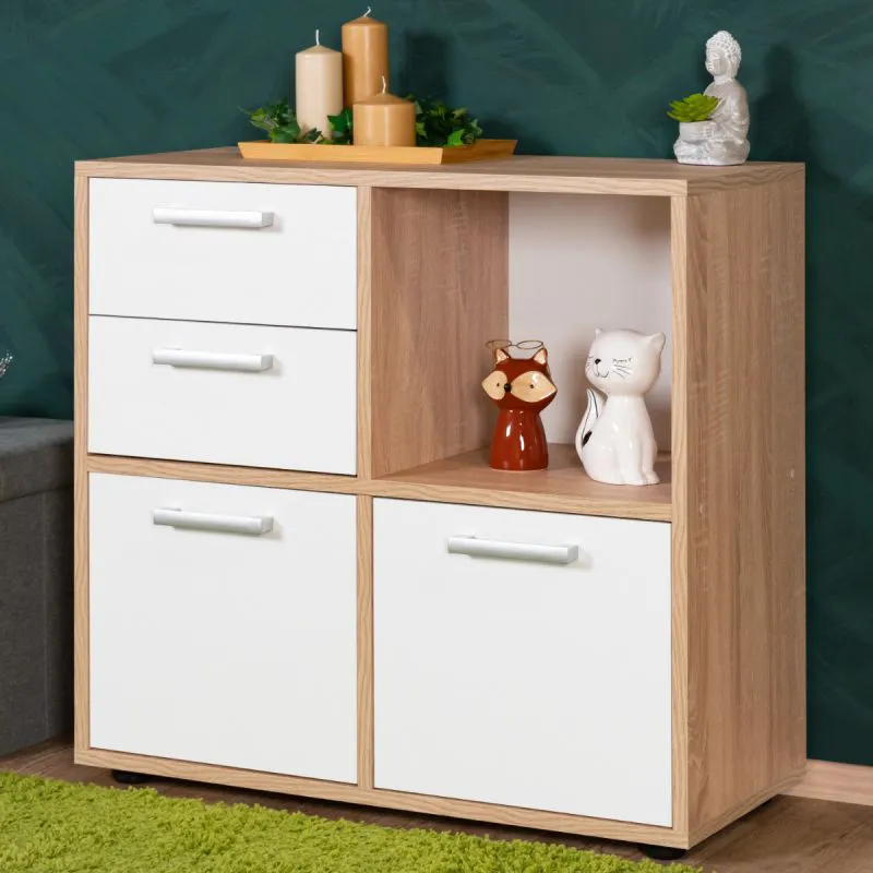 Cassettiera moderna Palpala 05 | Rovere Sonoma e bianco | 75 x 80 x 35 cm | Design elegante