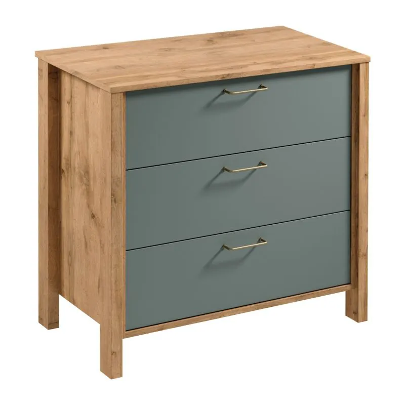 Mobile con cassetti Braianik 19 | Rovere Wotan e verde | 3 cassetti | Metallo oro opaco | 81x90x47 cm