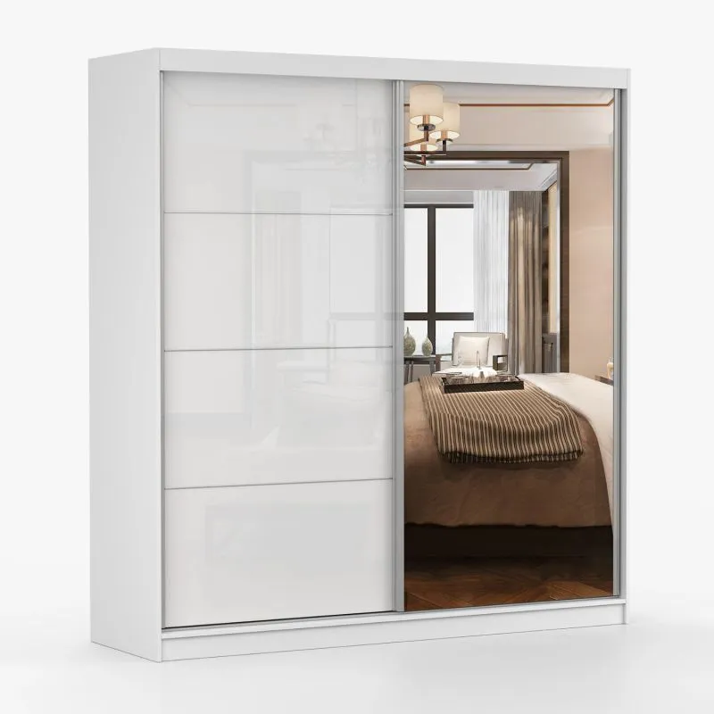 Armadio scorrevole Sredna 07 | Bianco lucido con specchio | 2 ante, 7 scomparti, 3 cassetti | 218 x 203 x 61 cm