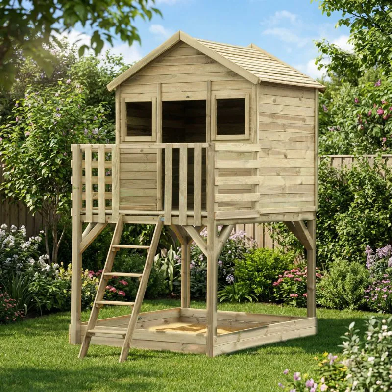 Casetta da giardino per bambini "13A", pino, impregnato a pressione, incl. finestra, balcone, scaletta, 248 x 150 cm